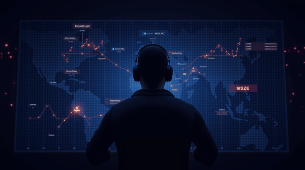 Fotorealista trader de IA en centro, frente a un mapa multi-cadena que conecta Solana, BNB Chain y Base con puentes.