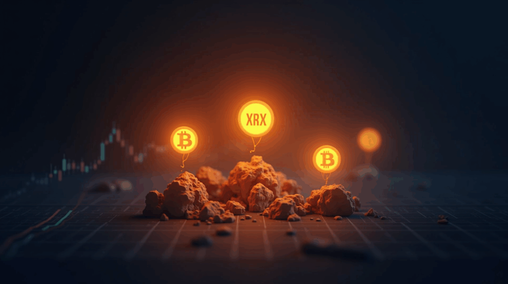 Tres símbolos cripto brillantes (XLM, TRX y DOT) sobre libro de órdenes de exchange con Wyckoff; Bitcoin en declive.