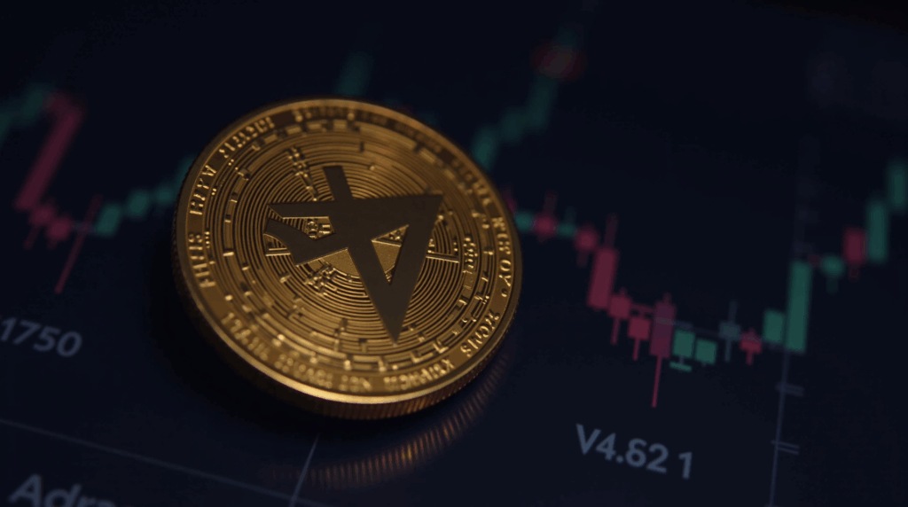 Primer plano de un token AVAX con gráfico de precio a la baja y una rejilla sutil del CoinDesk 20 al fondo.
