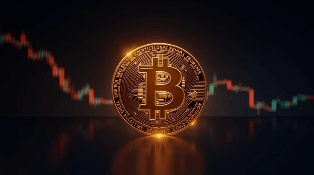 Emblema de Bitcoin central, rodeado de ETF brillantes y un holograma de gráfico bursátil, con fondo de sala de noticias.