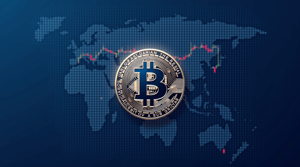 Encabezado fotorrealista con emblema de Bitcoin en el centro, mapa de Asia y gráficos de liquidez con traders diversos.