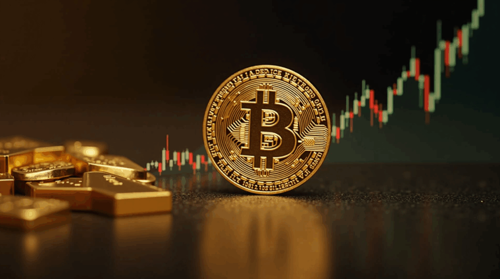 Montaje realista: Bitcoin desvaneciéndose ante barras de oro y gráficas, simbolizando liquidez y adopción institucional.