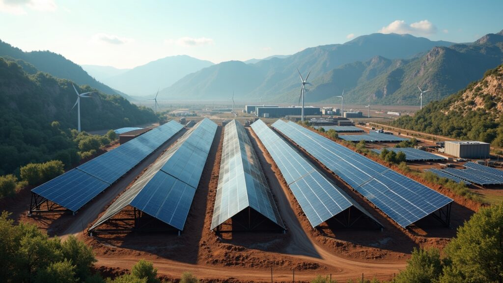 Finca de minería de Bitcoin alimentada por energía solar, eólica e hidroeléctrica, con almacenamiento y mapa regional de energía.