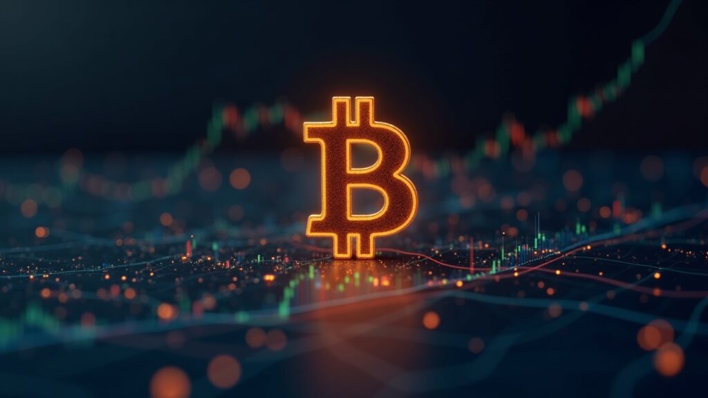 Bitcoin en ascenso sobre un tablero digital, flujos de ETF en segundo plano y ganancias impulsando la liquidez.