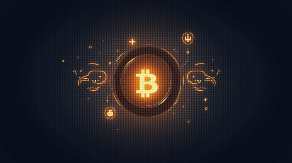 Encabezado fotorealista con símbolo de Bitcoin, bóveda, siluetas de ballenas y gráfico de suministro ilíquido.