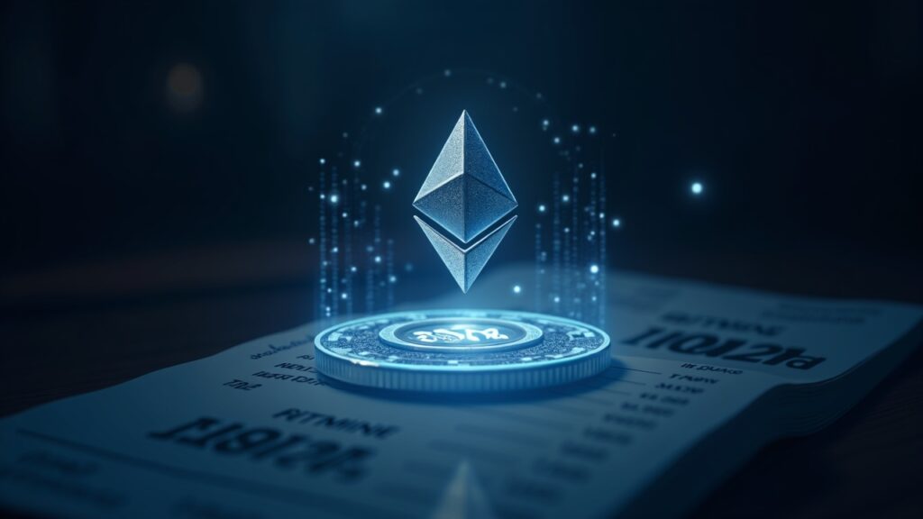 Junta directiva en sesión, token Ethereum holográfico y libro mayor con 2,66M ETH, branding BitMine.