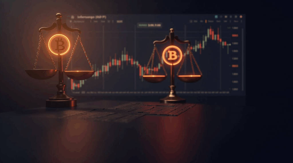 Logo de BNB brillando en un tablero de trading, precio por encima de 1000, balanzas y siluetas de cadenas rivales.