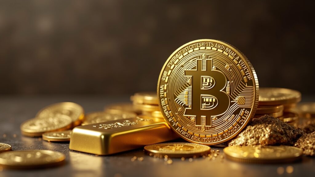 Escena fotorrealista: Bitcoin y barra de oro en sala de noticias, destacando un posible eco de ocho semanas y soberanía.