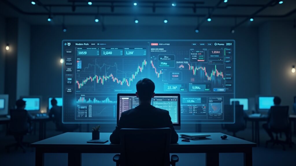 Trader en oficina moderna frente a pantalla holográfica de CEX vs DEX y gráficos de liquidez.