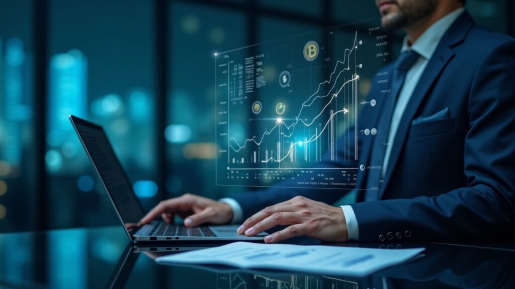 Ejecutivo financiero senior frente a un tablero holográfico de tesorería cripto con iconos de activos y gráficos en alza.