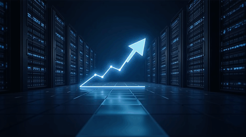 Photorealistic data center with dense server racks and mining rigs, overlaid by a rising financial graph