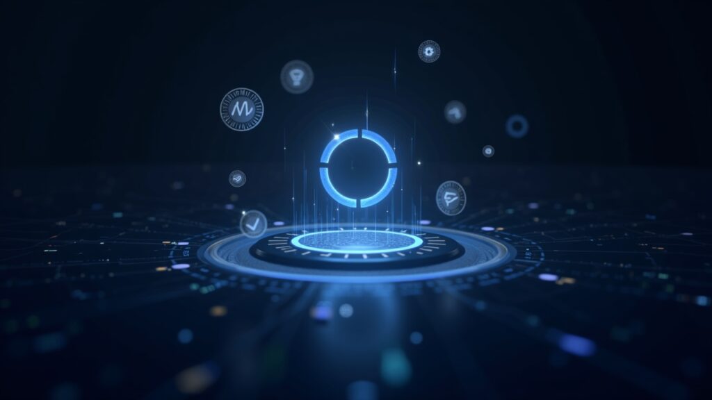 Holograma del logo de Circle en el centro, rodeado de iconos de stablecoins y un gráfico de mercado dinámico