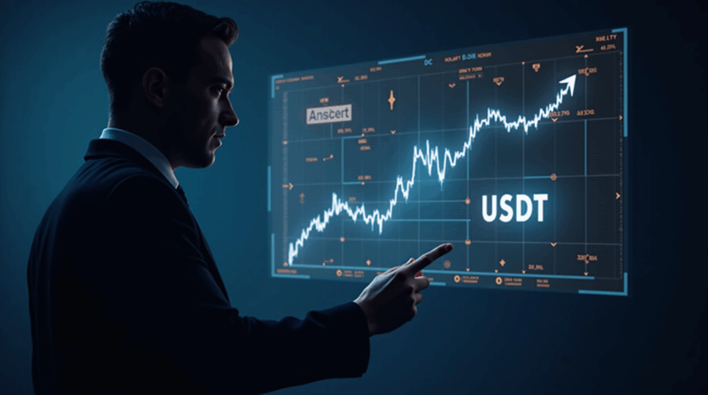 Silueta de un broker de Wall Street ante gráfico holográfico de USDC vs USDT, con motivos regulatorios.