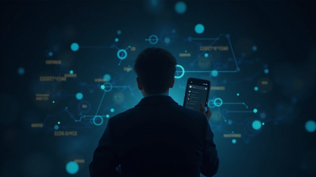 Figura central fotorealista sosteniendo una billetera cripto, con nodos blockchain brillantes y flujos de datos DeFi.
