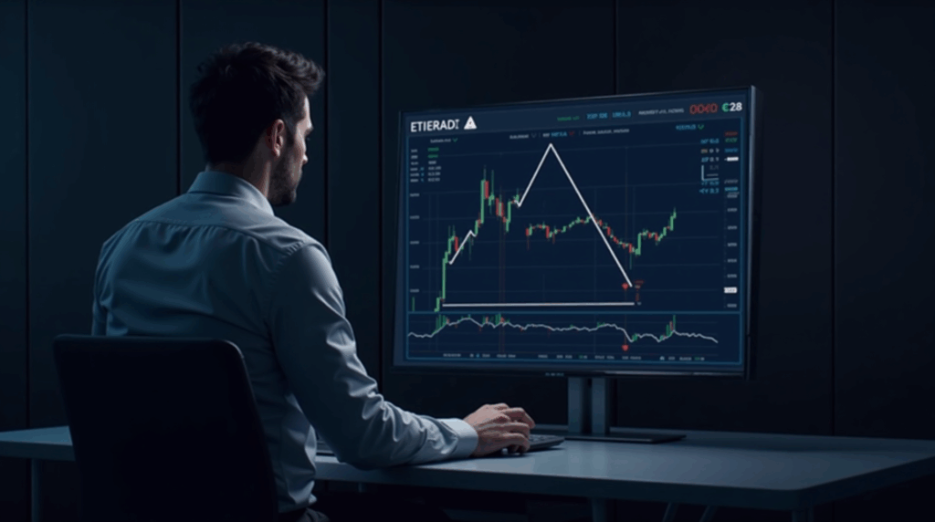 Trader observa pantalla mostrando Ethereum rompiendo triángulo simétrico y destacando el nivel 4000 USD con impulso bajista.