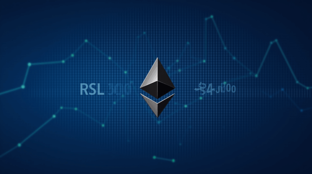 Logotipo de Ethereum en el centro, RSI por debajo de 30 y línea de precio en 4.000, sobre fondo azul con visuales de profundidad de mercado