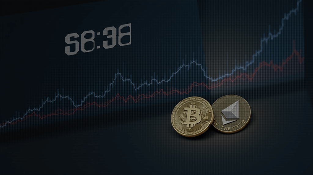 Monedas de Bitcoin y Ethereum con reloj de cuenta regresiva y gráfico de volatilidad, fondo de sala de noticias