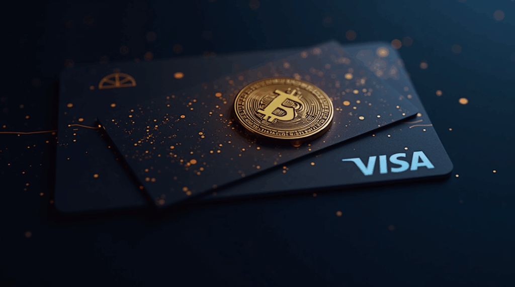 Tarjeta de crédito moderna con emblema de Bitcoin, iluminación tipo Visa/Stripe, sugiere recompensas cripto en pagos diarios.