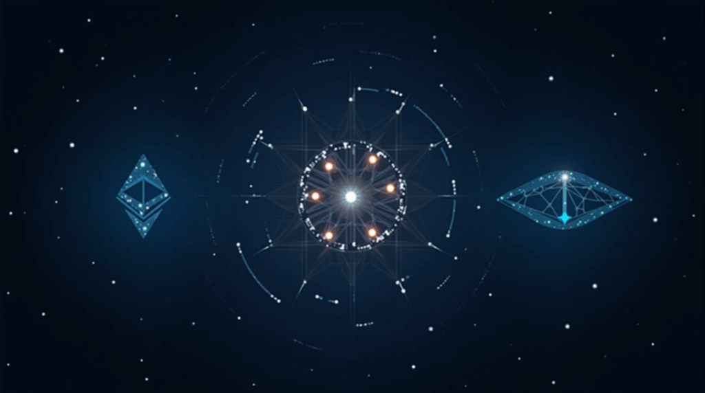 Analista financiero en sala de noticias, rodeado de fragmentos brillantes de blockchain y logos de Ethereum, Solana y Stellar.