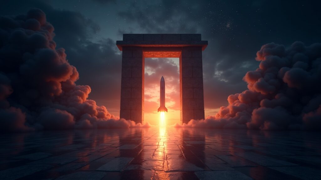 Puerta Gate Layer con tokens GT brillantes emergiendo desde un lanzador sin código, en capa-2 y estilo noticia.