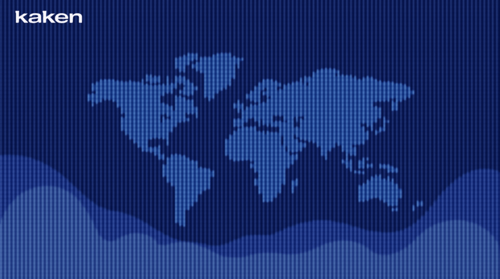 Crecimiento de Kraken: plataforma de cripto con logotipo, mapa global, barras de token al alza e iconos regulatorios.