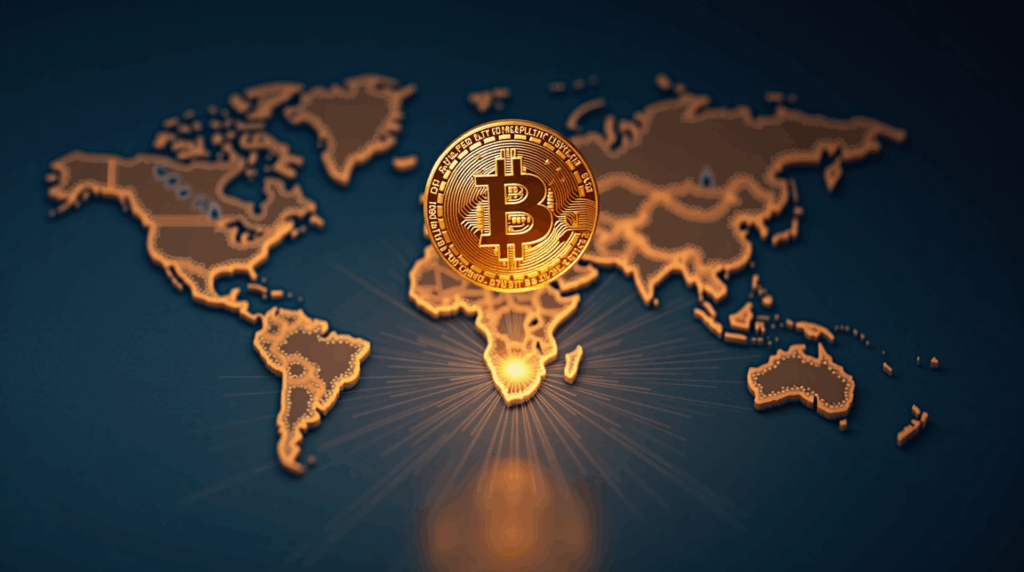 Escritorio de cierre de propiedad con Bitcoin iluminado sobre un mapa global, visualizando liquidaciones inmobiliarias cripto.