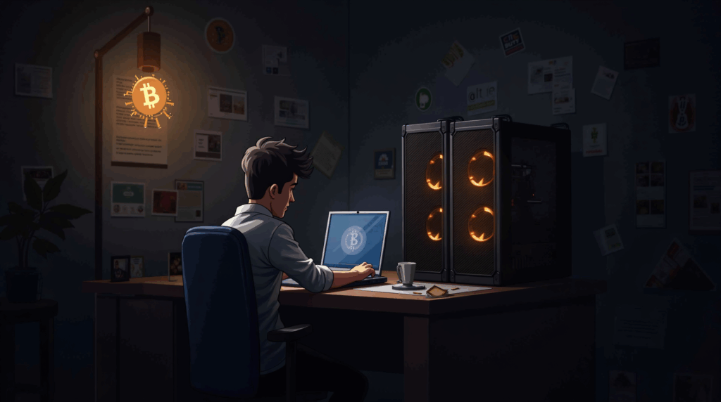 Minero solitario de Bitcoin con rig doméstico ordenado y ASICs brillantes; símbolos BTC, fondo de redacción (2025).