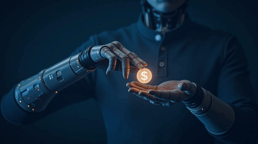 Agente de IA realiza pago con moneda NET Dollar sobre red digital, simbolizando micropagos instantáneos y protocolos abiertos.