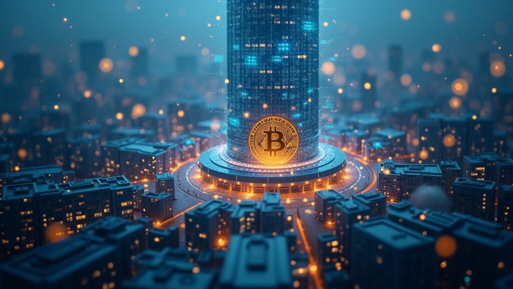 Oficina del fondo de pensiones de Seúl con hologramas de Bitcoin y activos digitales, simbolizando la adopción institucional de cripto.