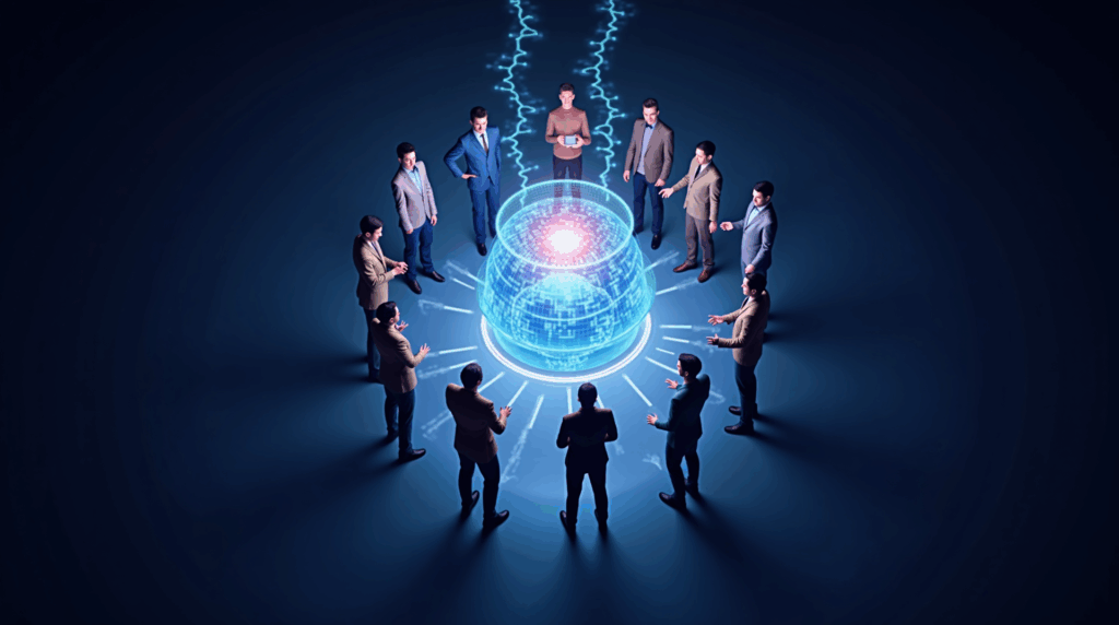 Equipo diverso rodea un modelo de IA holográfico conectado por blockchain, simbolizando gobernanza descentralizada frente al sesgo.