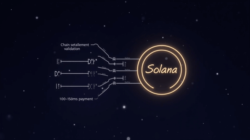 Logotipo de Solana resplandeciente con flujos de datos y una red de validadores, ilustrando una finalización de 100–150 ms