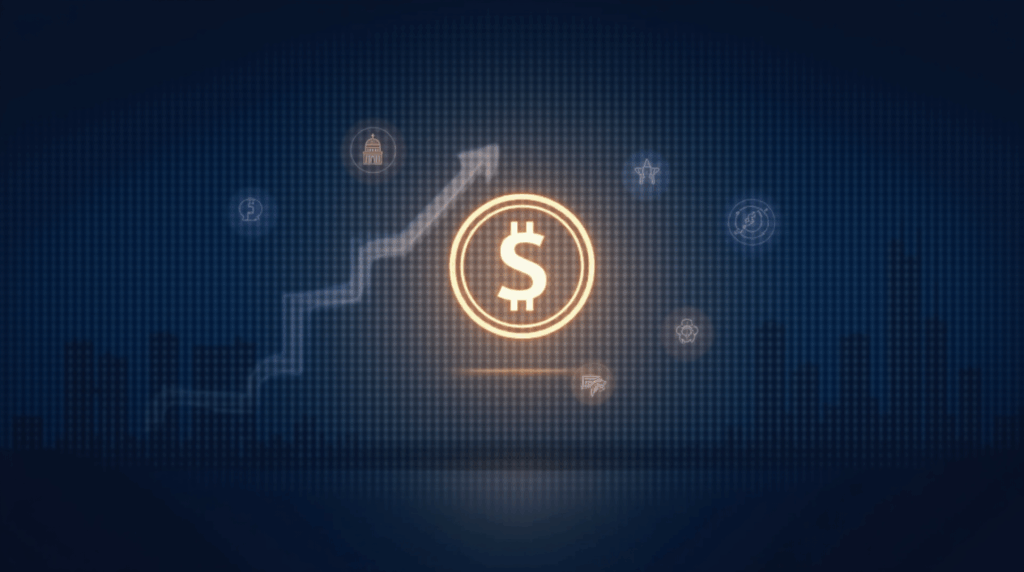 Encabezado cripto fotorrealista con emblema USDT central, iconos de stablecoins ascendentes y motivos regulatorios sobre ciudad moderna.