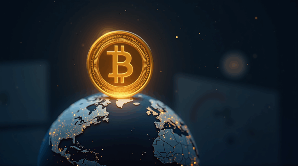 Moneda stablecoin respaldada en USD brilla sobre un globo digital, con documentos regulatorios y fondo de redacción de noticias.