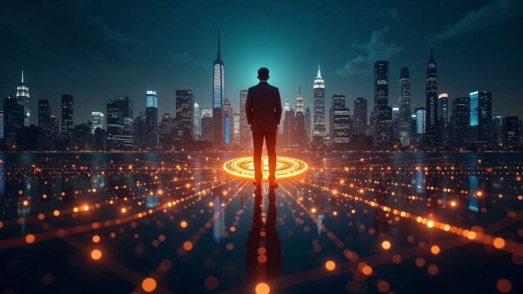 Escena fotorealista silueta de Wall Street junto a una red cripto con Princeton alum supervisando tesorerías en Bitcoin y ETH