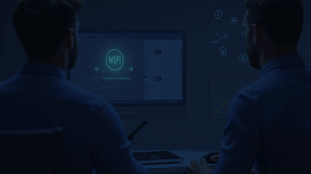 Analista cripto verifica el token WLFI en un monitor con insignia verificada, explorador de cadena y iconos de seguridad.