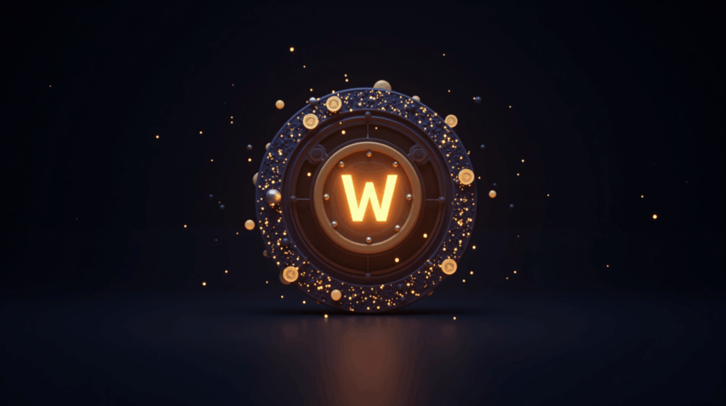Header fotorealista: símbolo W brillante con hologramas de cadenas, destacando tokenomics, reserva y staking de Wormhole.