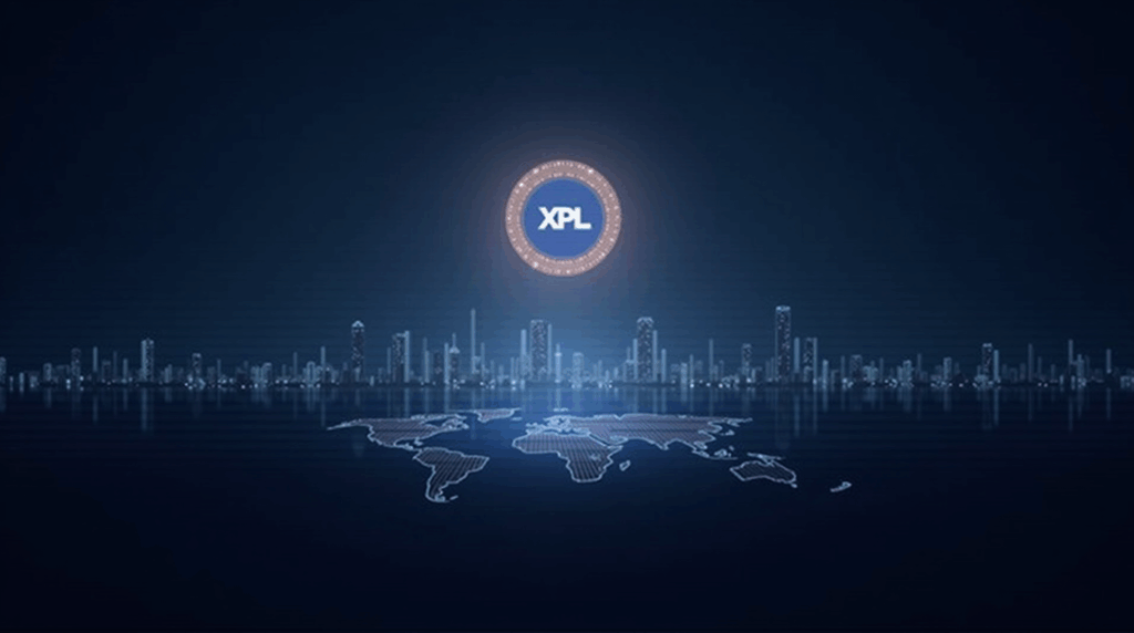 Ciudad futurista con emblema XPL en el centro y una red Layer 1 transparente para stablecoins, simbolizando descentralización.
