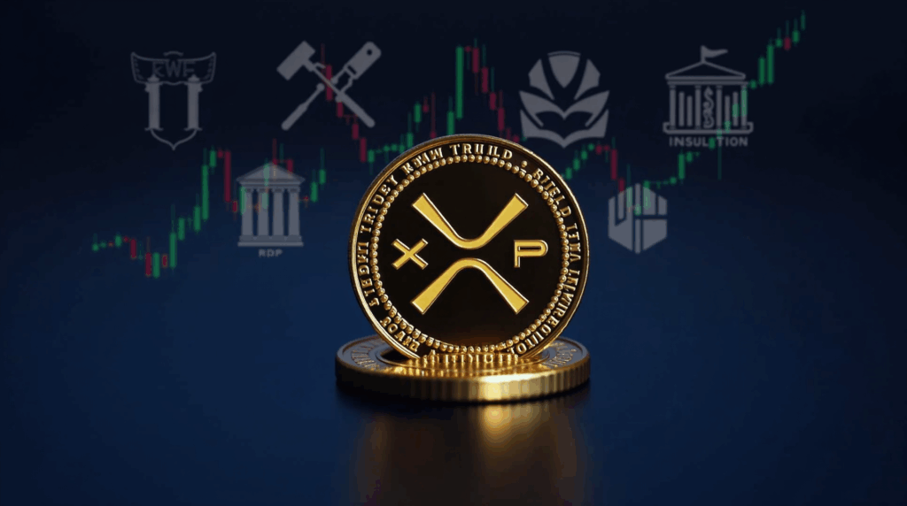 Moneda XRP al centro con gráfico descendente, logos ETF e iconos regulatorios.