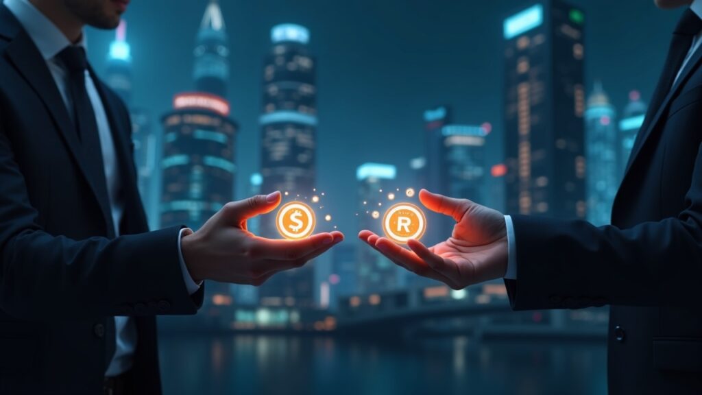 Inversor de traje en ciudad futurista conecta bonos con DeFi Horizon mediante tokens GHO y USDC.