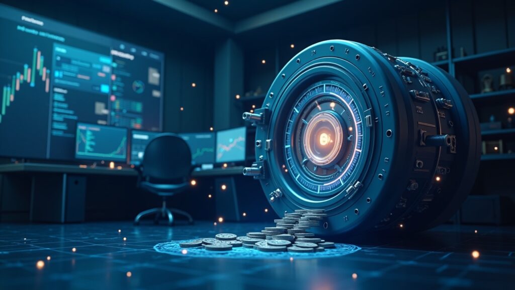 Escena fotorrealista de Aave Labs y Stable Finance creando una bóveda de ahorros onchain, con flujos de stablecoins.