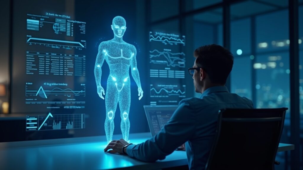 Trader en escritorio moderno con avatar de IA transparente sobre gráficos de criptomonedas en tiempo real, trading autónomo.