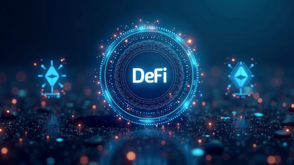 Encabezado cripto con emblema de gobernanza DeFi y tres iconos DeXe, Ether.fi y Aptos, con ciudad futurista.