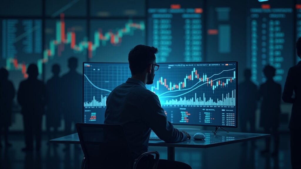 Analista financiero frente a pantalla holográfica con tickers de ETF cripto en un mercado saturado