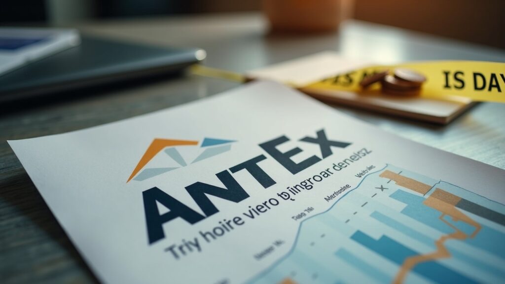 Folleto de AntEx roto sobre escritorio, cinta policial y monedas, indicio de fraude cripto en Vietnam.