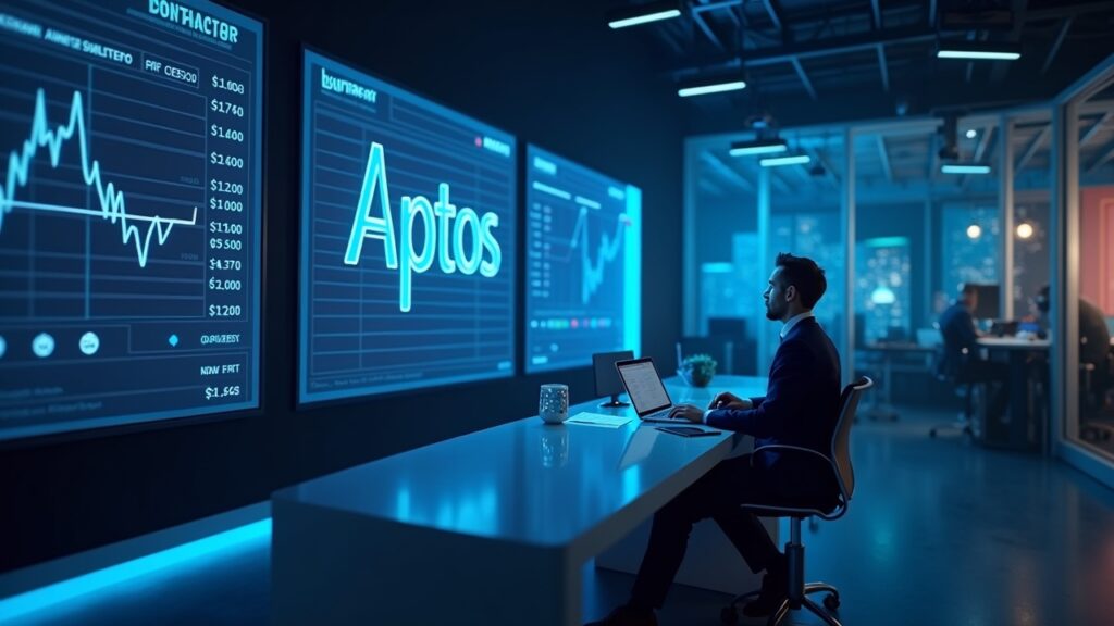 Analista en redacción futurista frente a tablero holográfico de mercado con logo Aptos y señales de esperar