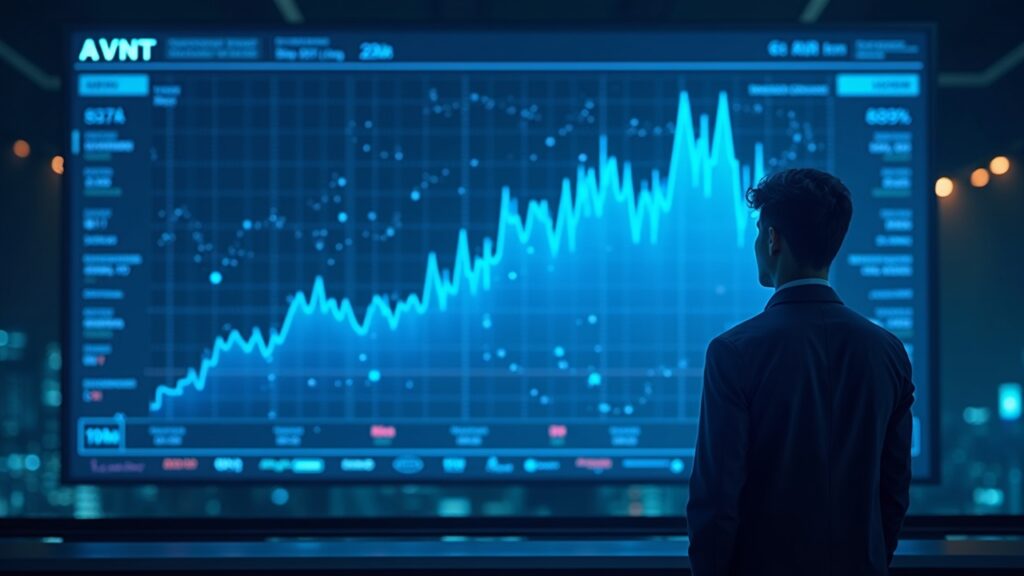 Trader enfocado ante ticker holográfico de AVNT y gráfico TVL 100M, fondo azul neón con motivos de circuito