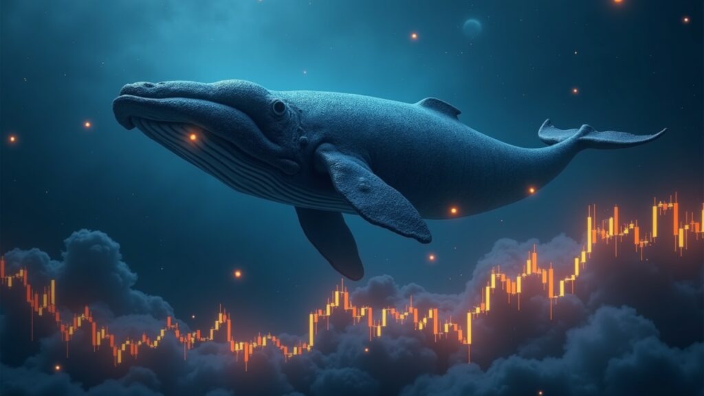 Ballena gigante sobre un gráfico de mercado luminoso con símbolos ASTER, sugiriendo acumulación institucional en cripto.