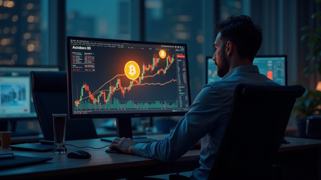 Ballenas de Bitcoin aumentan shorts con apalancamiento antes del anuncio de Trump Escena realista en sala de prensa: trader observa BTC, marcadores 40x, una ballena y la silueta de Trump en la pantalla, destacando volatilidad