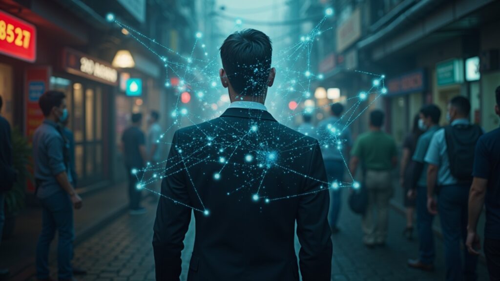 Arresto en Bangkok: figura en traje rodeada de overlays holográficos de blockchain rastreando 31 millones de USDT