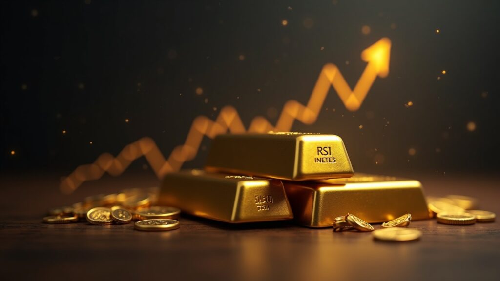 Barras de oro con una línea RSI ascendente y un sutil motivo azul de fondo